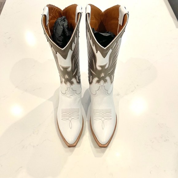 Frye : Leather Cowboy Boots Mid Calf Height : White & Taupe : Leather: 7.5 - Picture 2 of 7